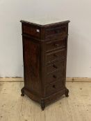 A Victorian rosewood, walnut and amboyna pedestal chest, the top inset with white moulded veriagated