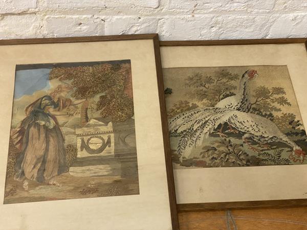 A 19thc tapestry panel, lady tending to Shakespeare's grave, (31cm x 24cm), a panel of birds, (2)