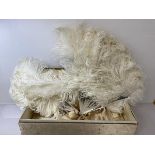 An early 20thc ladies ostrich feather and mother of pearl fan, marked Carrie, (41cm x 64cm) a/f,