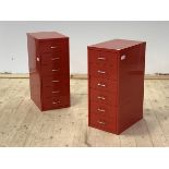 A pair of red aluminium six drawer index drawers, H66cm, W28cm, D44cm