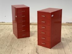 A pair of red aluminium six drawer index drawers, H66cm, W28cm, D44cm