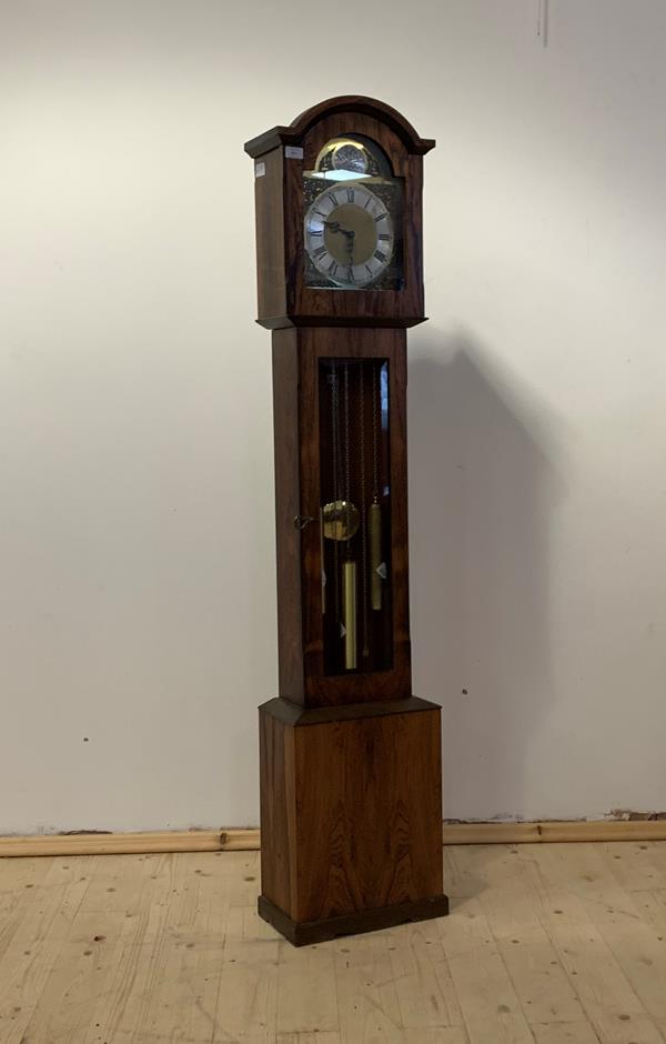 A late 20th century Westminster chiming rosewood veneered long case clock, with Roman chapter