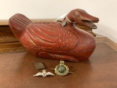 An RAF paste mounted white metal sweetheart brooch, a cap badge and a bronze diecast George VI stamp