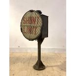 Railway interest: A shunt limit signal, a black painted tin signal with circular glass panel