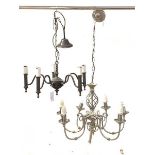 Two chandeliers, one seven branch and silvered (H26cm) and a bronzed five branch (H40cm)