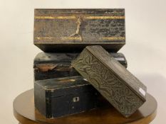A Vintage black Japanned and gilt deed box (W39cm) together with an Art Nouveau period hammered
