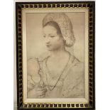After Bernardino Luine, portrait of a lady with fan, Medici print in gilt ebonised glazed frame, (