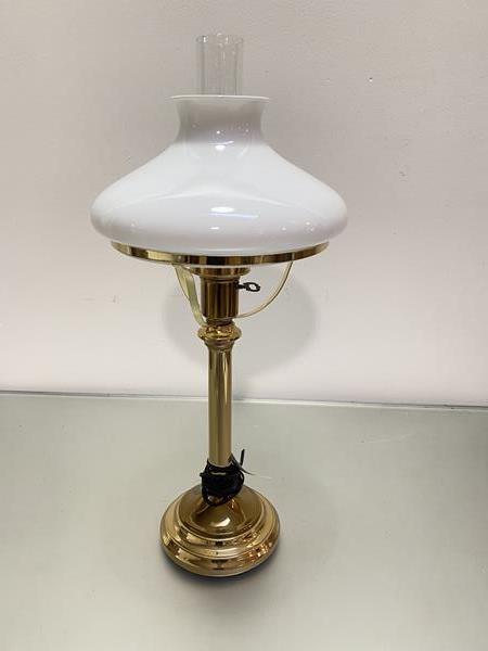 A brass oil lamp style lamp with opaque glass shade complete with glass funnel on circular stepped
