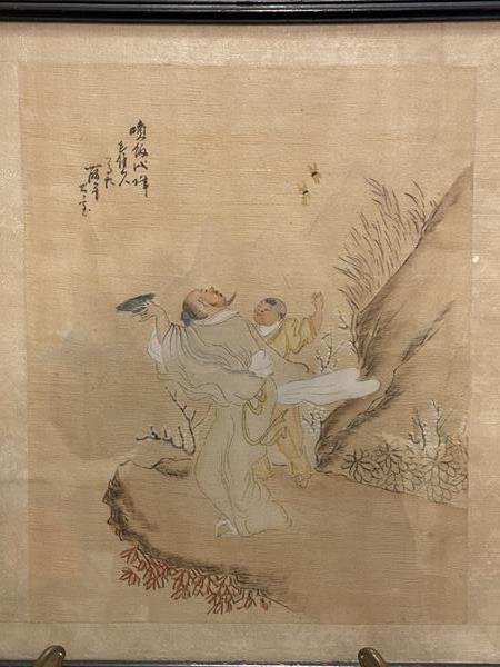 Chinese early 20thc School, monk and young student on a mountain pass with insects, on silk