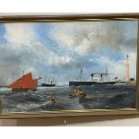 Kimbar Aohbolt, Paddle steamer leaving a harbour with other sailboats etc and fishermen, oil on