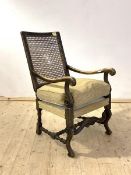 A 17th century style stained walnut(?) open arm chair, with cane back panel(A/F), scrolled arm