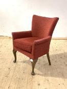 A 1930's walnut framed and upholstered bedroom chair, raised on cabriole supports, H76cm, W63cm,