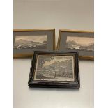 Two continental scenes depicting river in flood in gilt laced frames, (10cm x 18cm excluding