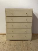 A mid 20th century white painted five height chest of drawers, H95cm, W76cm, D43cm