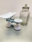 A pair of F J Thornton & Co Ltd Birmingham blue and white enamel kitchen scales complete with pan