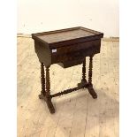 A Victorian figured mahogany work table, with hinged top revealing fitted interior, over drawer