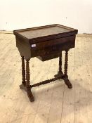 A Victorian figured mahogany work table, with hinged top revealing fitted interior, over drawer