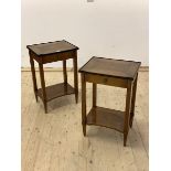 A Pair of inlaid cherry bedside tables, with tray top, drawer, under tier and square tapered