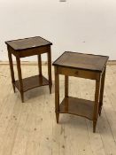 A Pair of inlaid cherry bedside tables, with tray top, drawer, under tier and square tapered