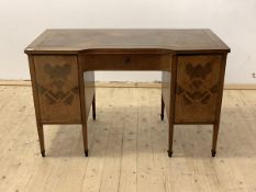 An early 20th century German mahogany desk, the top with inset gilt tooled leather writing surface