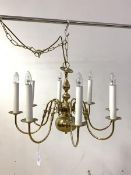 An eight branch gilt brass Dutch style chandelier, H46cm