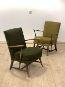 Ercol, A pair of mid century stained beech lounge chairs with upholstered backs and seats raised