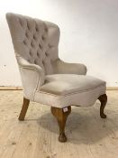 A Victorian style upholstered button back slipper chair, raised on cabriole front supports, H88cm,