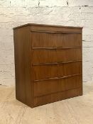 A mid century teak chest, fitted with four drawers with pierced handles, H84cm, W74cm, D41cm