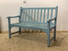 A blue painted two seat garden bench, with slatted back and seat, H91cm, W122cm, D65cm