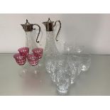A quantity of glass including two claret jugs, (h 30cm), four cranberry glass wine glasses, ten