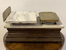 W&T Avery, a set of vintage grocers scales, with brass and marble counters on a marble and moulded