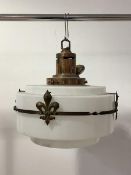 An early 20th century brass and opaline glass light fitting with fleur-de-lis motif, D39cm