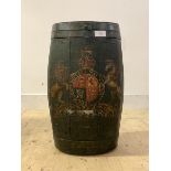 A coopered rum barrel stick stand:, the barrel with gilt armorial lithograph transfer to dark