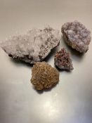 A group of four various specimen crystals including rock crystal, pyrite's etc (largest h 7cm x 26cm