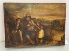 19thc school, father with children at farm, oil on board, unframed, (36cm x 48cm)