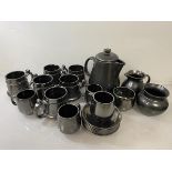 A Prinknash Abbey "pewter" ware coffee service including coffee pot (h 20cm), six coffee mugs,