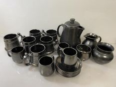 A Prinknash Abbey "pewter" ware coffee service including coffee pot (h 20cm), six coffee mugs,