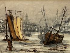 Ben Maile, Fishing Boats at rest, textured print in mid-century gilded and ebonised frame, (50cm x