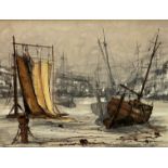 Ben Maile, Fishing Boats at rest, textured print in mid-century gilded and ebonised frame, (50cm x