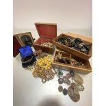 Three boxes including miscellaneous costume jewellery, brooches, pebble part bracelet, lava cameo,