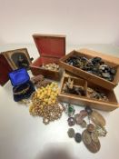 Three boxes including miscellaneous costume jewellery, brooches, pebble part bracelet, lava cameo,