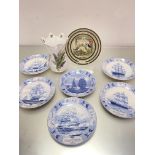 A dramatic set of six naval blue and white transfer printed famous boat decorated plates,