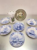 A dramatic set of six naval blue and white transfer printed famous boat decorated plates,