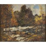 J Brown Gibson, Autumn on the Dochart, oil on canvas, signed bottom right and verso, in