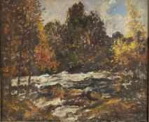 J Brown Gibson, Autumn on the Dochart, oil on canvas, signed bottom right and verso, in