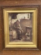 An Edwardian print of an interior scene with Jack Russell terrier and figure seated by the fire, oak