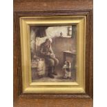 An Edwardian print of an interior scene with Jack Russell terrier and figure seated by the fire, oak