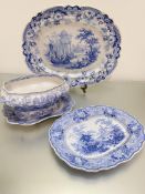 A Victorian china ashet with Greece views design, scalloped ashet and tureen and stand, decorated