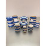 A collection of T G Green cornishware including butter tub and cover, a pair of milk jugs, a covered