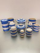 A collection of T G Green cornishware including butter tub and cover, a pair of milk jugs, a covered